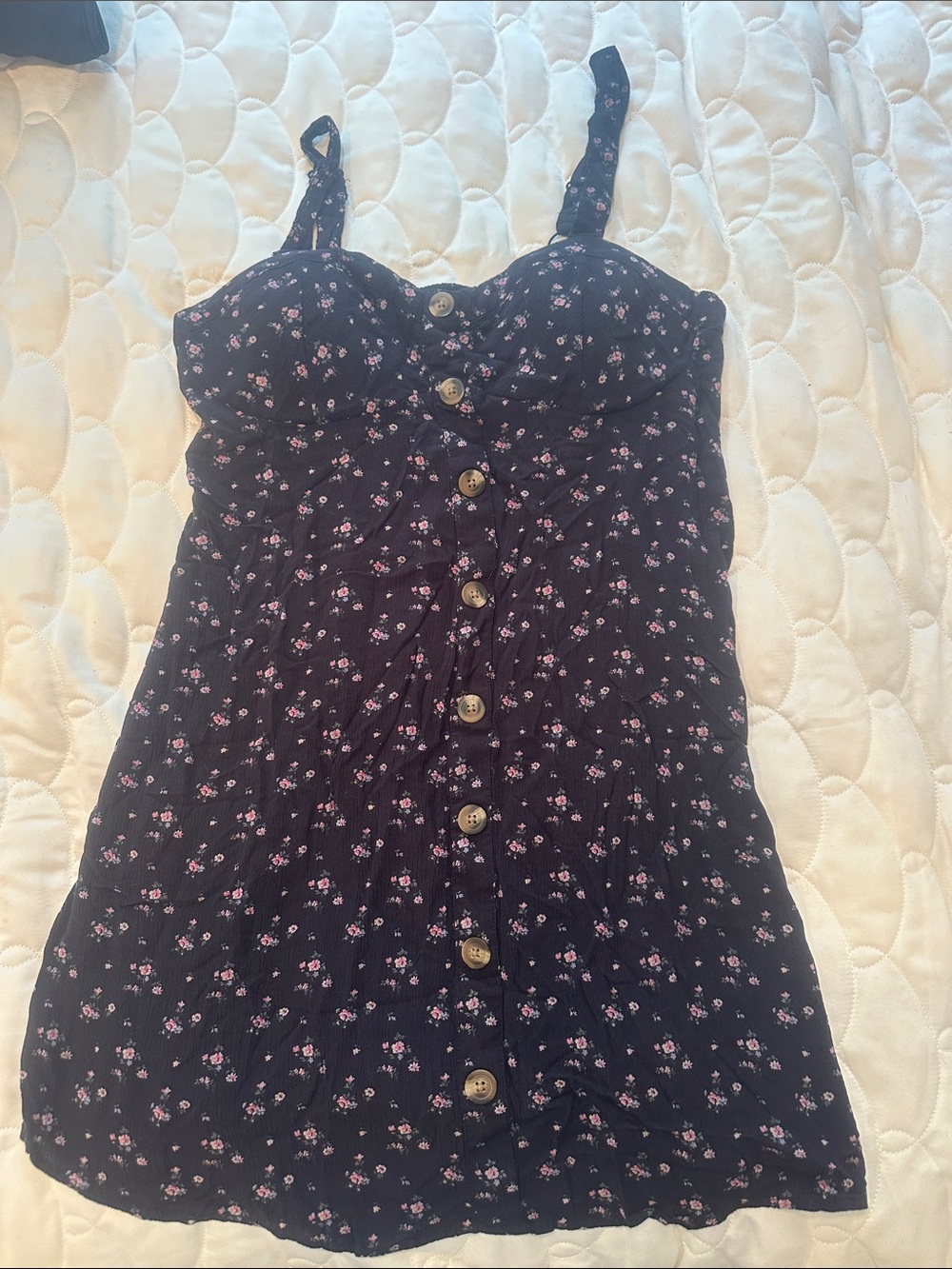 American Eagle Outfitters Black Floral Button-Front Sundress with Pink Flowers